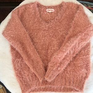 Pink Rose Fuzzy V-Neck Sweater in Blush